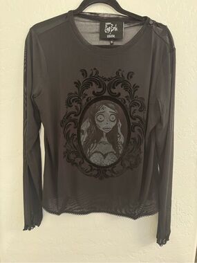 Killstar Black Sheer Corpse Bride Graphic Long  Mesh Sleeve Top XXL